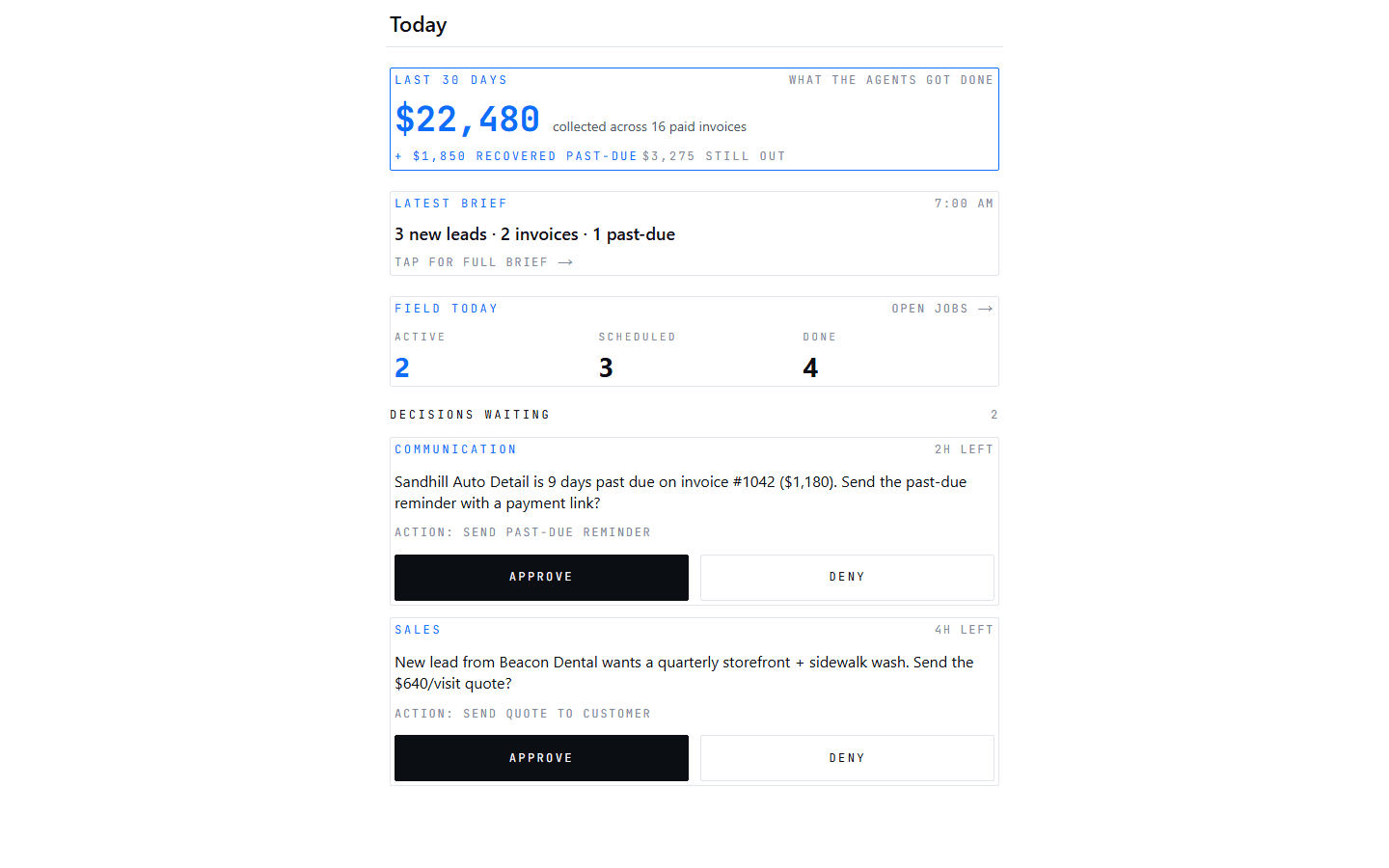 The Automic Trades morning brief on a desktop browser: $22,480 collected across 16 paid invoices, the same approvals queue, and the day's field jobs at desktop scale